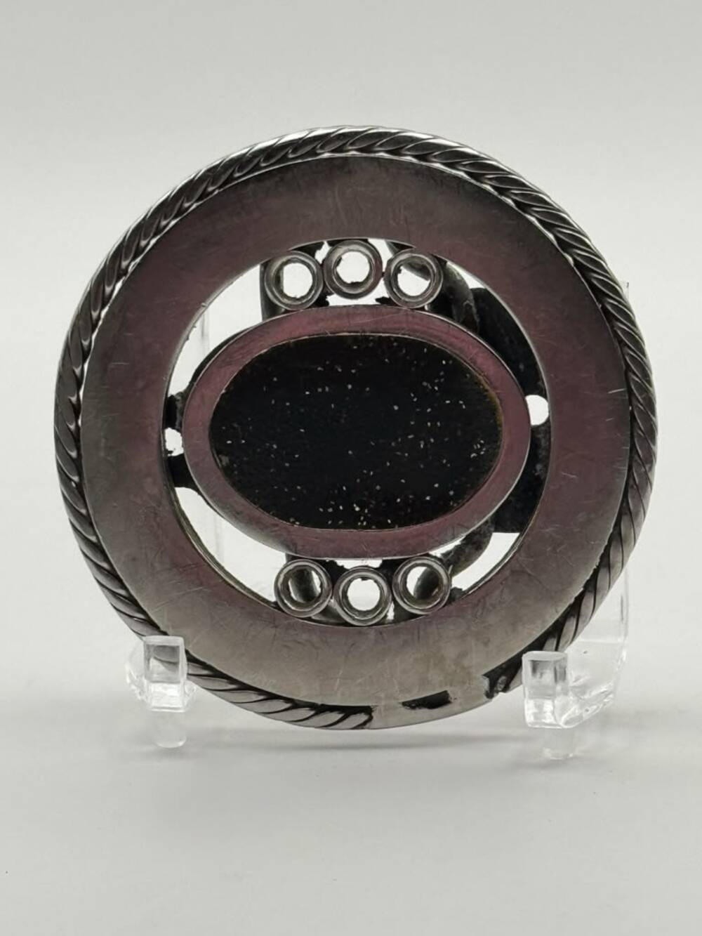 Oval Openwork Black Speckled Inlay Rope Border Belt Buckle Vintage Western Used